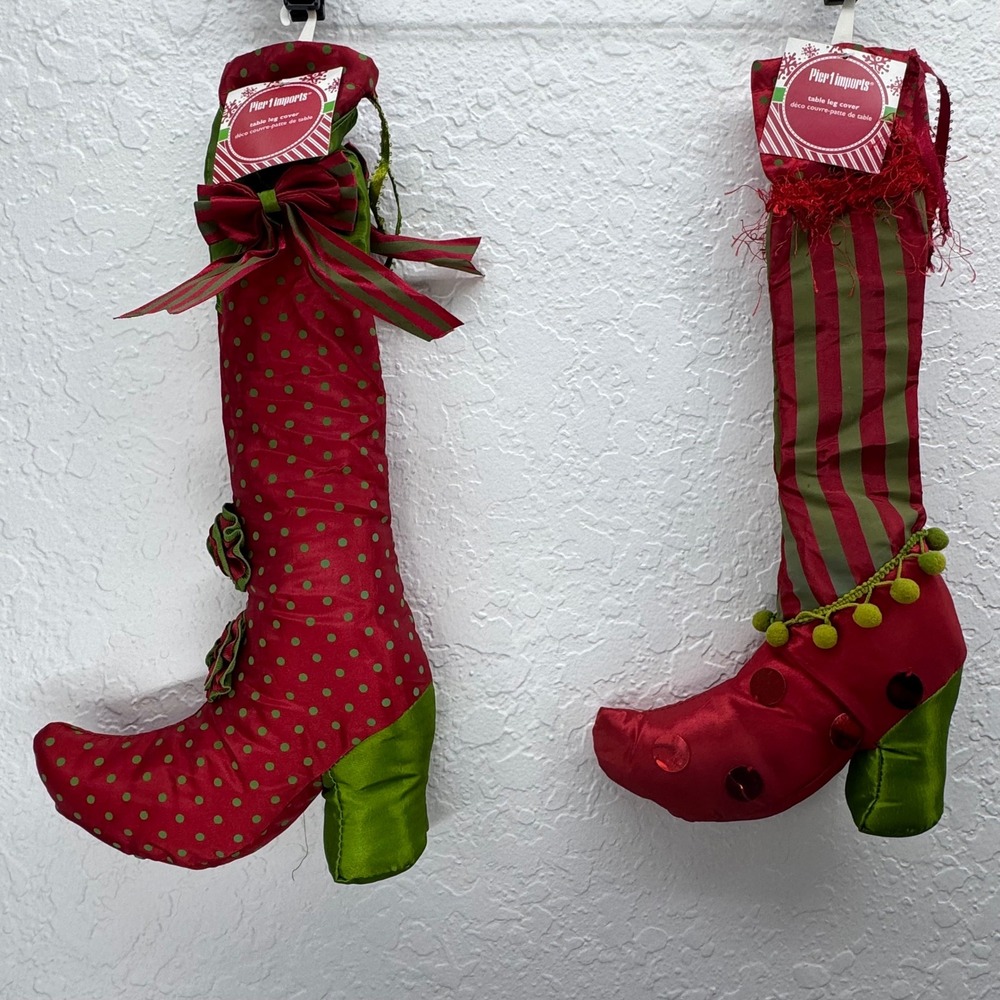 Pier 1 Imports Christmas Table Leg Covers Elf Boots Red Green‎ Set of 2 NWT